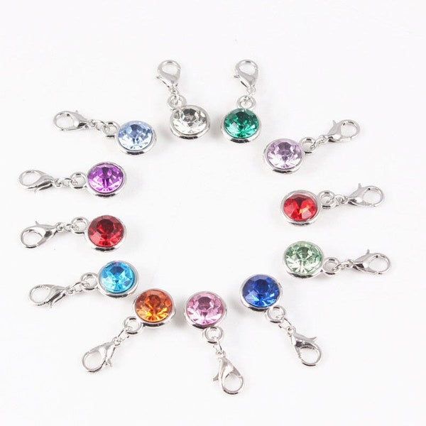 Birthstone Clip-on Charm Dangle w/ Lobster Claw Clasp for Bracelets, Necklace, Zipper Pulls, Key Chains