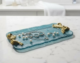 Glitter Resin Vanity Tray with Bows for Jewelry Make-up Bathroom Bedroom- 3 Styles