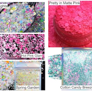 May include: A collage of glitter in various colors and textures. The top left shows a spoonful of glitter labeled "Neon Nights." The top right shows a jar of pink glitter labeled "Pretty in Matte Pink." Other glitter options include "Hot Pink Glam," "Spring Garden," and "Cotton Candy Breeze."