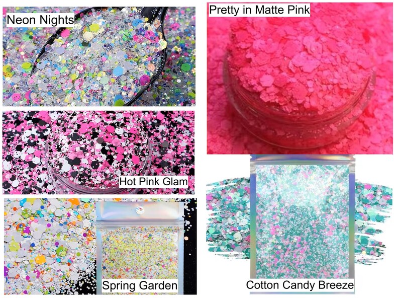 May include: A collage of glitter in various colors and textures. The top left shows a spoonful of glitter labeled "Neon Nights." The top right shows a jar of pink glitter labeled "Pretty in Matte Pink." Other glitter options include "Hot Pink Glam," "Spring Garden," and "Cotton Candy Breeze."