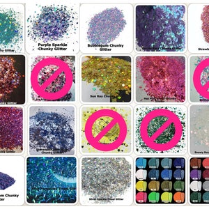 May include: A collection of glitter in various colors and textures. Includes chunky glitter in teal, purple, pink, gold, and blue, as well as fine glitter in red. Each glitter type is labeled with its name.