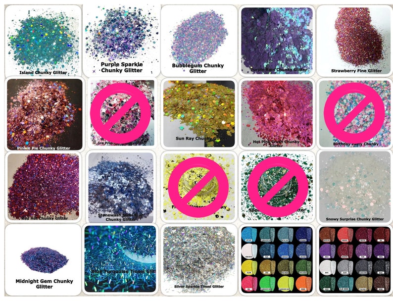 May include: A collection of glitter in various colors and textures. Includes chunky glitter in teal, purple, pink, gold, and blue, as well as fine glitter in red. Each glitter type is labeled with its name.