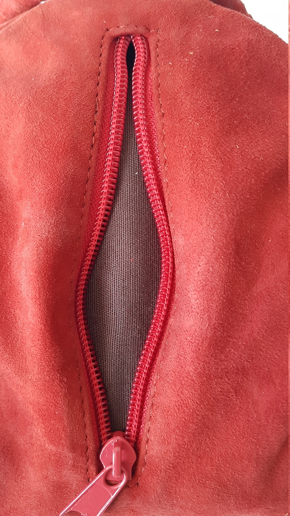 Red suede bucket bag deals