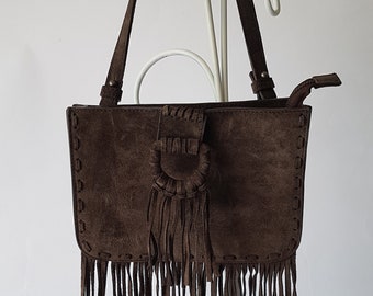 Boho cross body véritable sac en daim avec frange