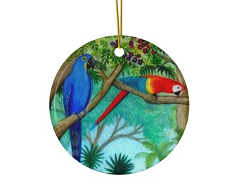 Colorful Macaw Parrots in Jungle Holiday Christmas Ceramic Ornament