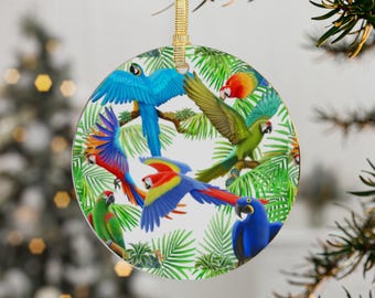 Colorful Macaw Parrots in Jungle Holiday Christmas Acrylic Ornament