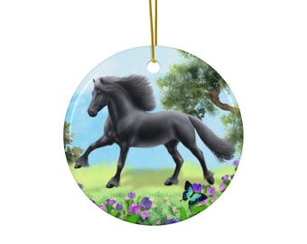 Running Free Friesian Horse Christmas Holiday Ceramic Ornament