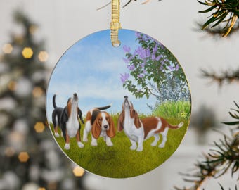Cute Basset Hound Dogs Christmas Holiday Acrylic Ornament