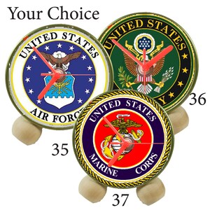 May include: Three round clocks with different military branch logos. The top clock has a green background with a gold eagle and the words "United States Army". The middle clock has a blue background with a gold eagle and the words "United States Air Force". The bottom clock has a red background with a gold eagle and the words "United States Marine Corps".