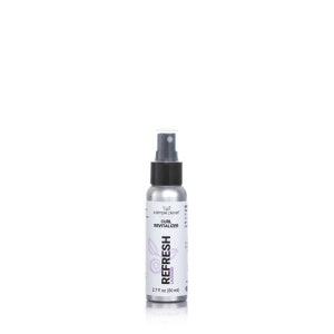 May include: A silver spray bottle with a black cap and a white label. The label says "a simple planet" and "CURL REVITALIZER REFRESH LATHER 2.7 fl oz (80 ml)".