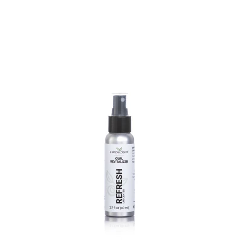 May include: A silver spray bottle with a black cap and a white label. The label says "a simple planet" and "Curl Revitalizer Refresh Unscented 2.7 fl oz (80 ml)"