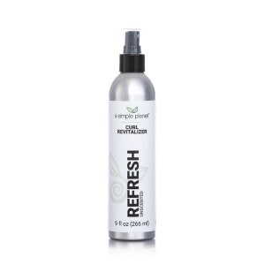 May include: A silver spray bottle with a black cap and label. The label reads "a simple planet" and "Curl Revitalizer Refresh Unscented 9 fl oz (266 ml)"