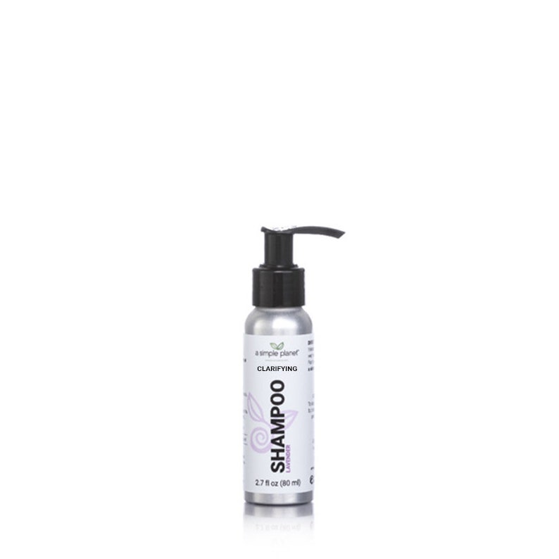 May include: A silver bottle of clarifying lavender shampoo from a simple planet. The bottle is 2.7 fl oz (80 ml).
