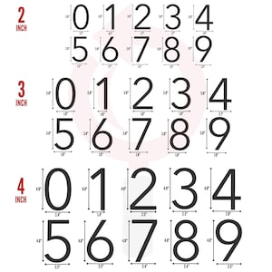 May include: A collection of black numerical digits from 0 to 9, organized in three rows labeled 2 inch, 3 inch, and 4 inch. Each digit includes precise height and width measurements in inches, displayed with arrows indicating the specific dimensions.