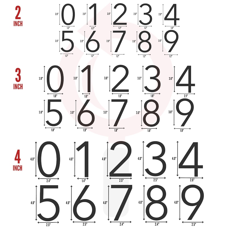 May include: A collection of black numerical digits from 0 to 9, organized in three rows labeled 2 inch, 3 inch, and 4 inch. Each digit includes precise height and width measurements in inches, displayed with arrows indicating the specific dimensions.