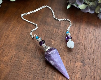 Lepidolite Pendulum with Amethyst, Apatite and Selenite Beads - Made to Order- Free US Shipping!