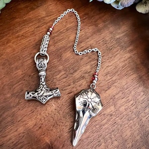 Stainless Steel Raven Skull Pendulum with Mozambique Garnet - vegvísir - Thor’s Hammer - Complete Stainless Steel Pendulum - Made to Order