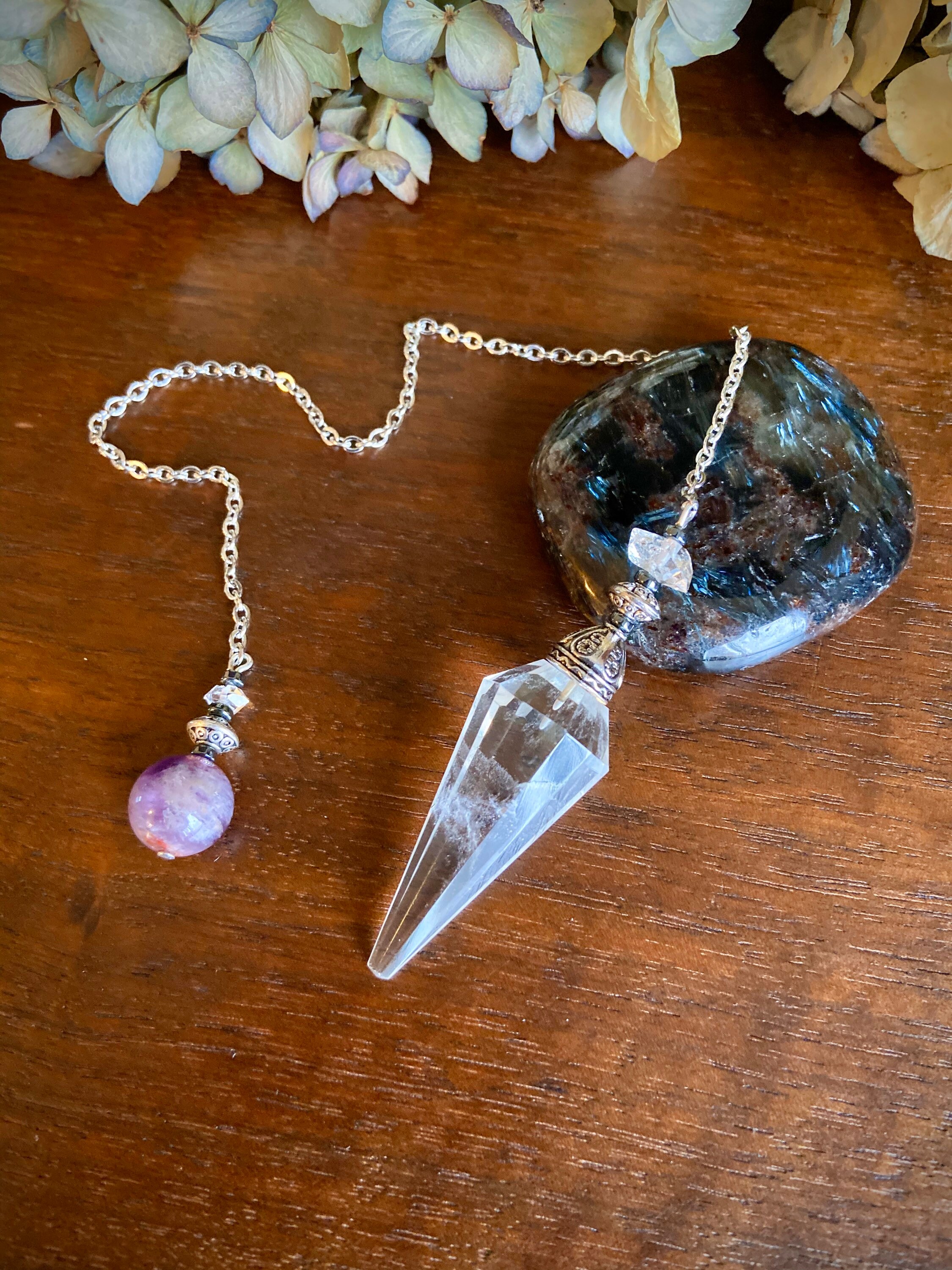 Clear Quartz Pendulum with Herkimer Diamonds & Cacoxenite Bead - Free…