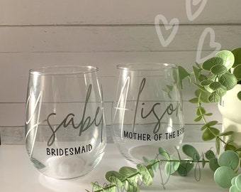 Personalized Stemless Wine Glass | Bridesmaid Gift | Custom Wine Glass | Party Favor | Bridal Shower Glass | Custom Glass