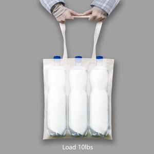 May include: A white tote bag with three clear plastic water bottles inside. The bag has two handles and the text "Load 10lbs" printed on the bottom.