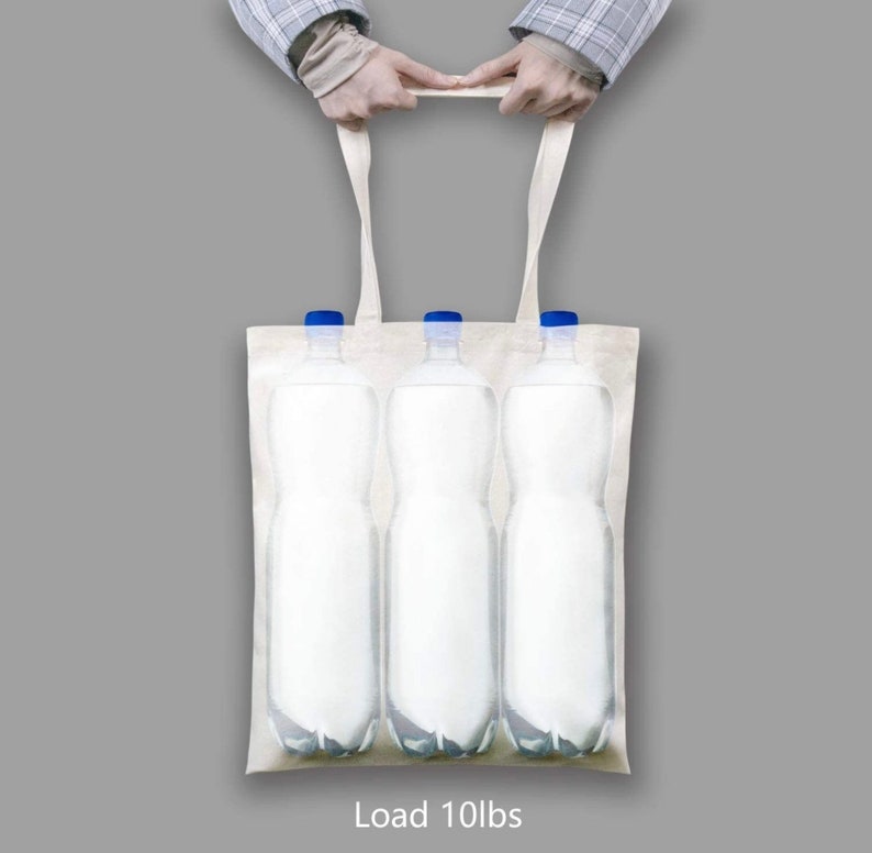 May include: A white tote bag with three clear plastic water bottles inside. The bag has two handles and the text "Load 10lbs" printed on the bottom.