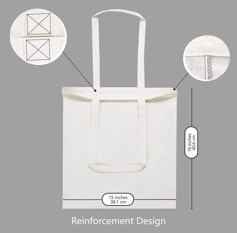 May include: A white canvas tote bag with reinforced stitching and handles. The bag measures 15 inches wide and 16 inches tall.