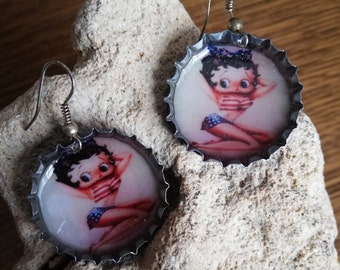 Betty Boop earrings made of crown caps with motif