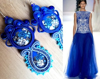 Blue soutache earrings with floral motif