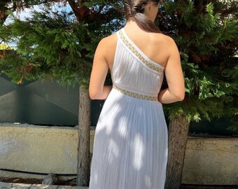 Greek Goddess Dress: White Cotton One Shoulder Ankle Length
