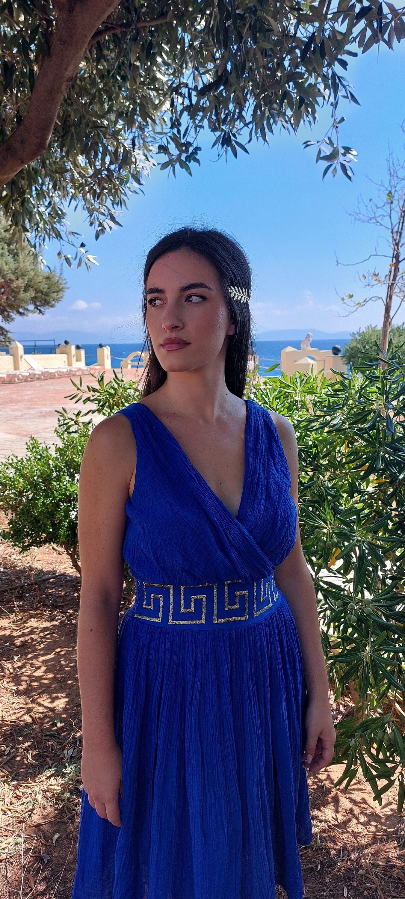 Greek Goddess Dress: Blue Cotton Ancient Style Greek Goddess Dress: Blue Cotton Ancient Style