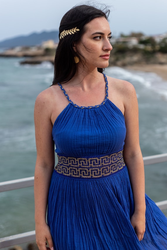Myrto Greek Ancient Dress: Blue Cotton Halter Dress