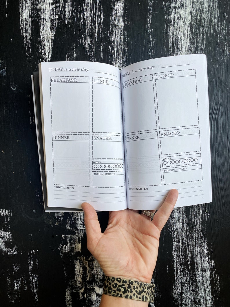 May include: An open journal with a black cover and white pages. The pages are divided into sections for breakfast, lunch, dinner, snacks, water, and physical activity. The journal also has a section for today's notes. The text "TODAY is a new day" is printed at the top of each page.