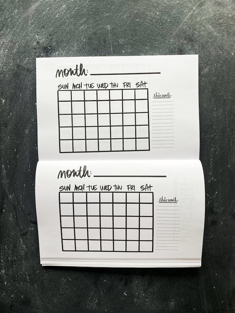 May include: Two blank monthly calendar pages with a grid layout. The days of the week are labeled at the top: Sun, Mon, Tue, Wed, Thu, Fri, Sat. Each page has a line for "this month" and space for writing.