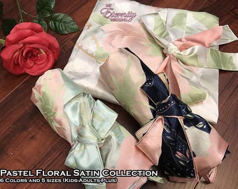 Pastel Floral Satin Robes, customized robe gowns, wedding party dressing gowns, matching getting ready gowns, bridesmaid robe gowns, kimono