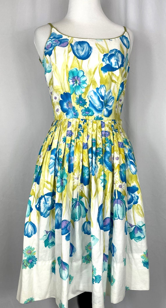 Vintage 1950's Blue Floral Cotton Pique Sundress … - image 2