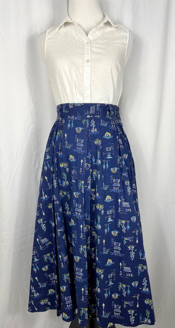 Vintage 1950's Navy Blue Cafe Novelty Print Skirt… - image 2