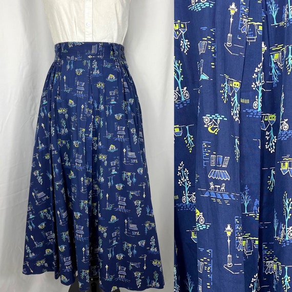 Vintage 1950's Navy Blue Cafe Novelty Print Skirt… - image 1