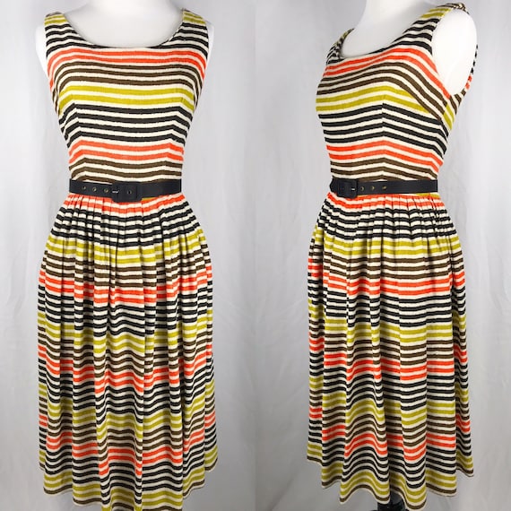 Vintage 1950's Fall Striped Linen Dress