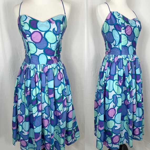 Vintage 1950's Purple and Blue Bubble Print Dress… - image 1