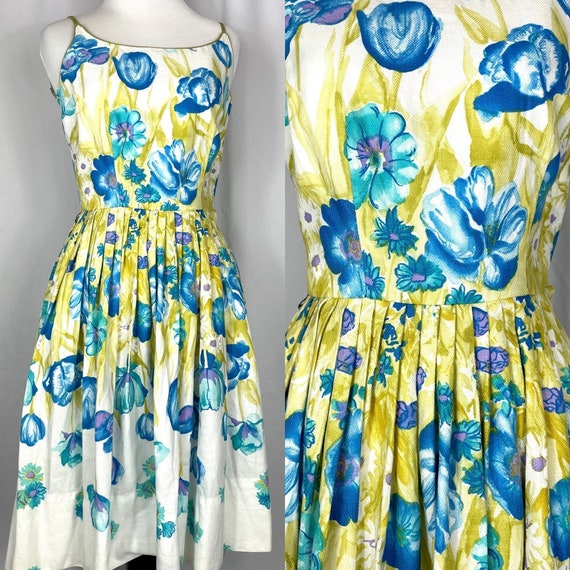 Vintage 1950's Blue Floral Cotton Pique Sundress … - image 1