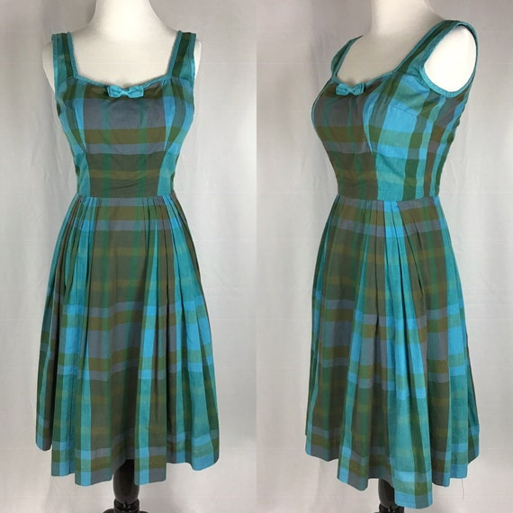 Vintage 1950's Turquoise Plaid Sundress - Size S/X