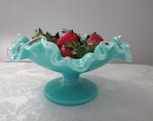 Vintage Fenton Silver Turquoise Round Compote Bowl, 7228, Aqua Milk Glass Compote, 1956 - 1959