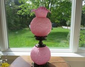 Vintage L LWMC Fenton Pink Satin Poppy GWTW Style Globe Lamp, Gone With the Wind Hurricane Parlor Lamp