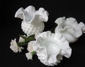 Three Fenton Milk Glass Mini Vases, Hobnail Milk Glass, Opaque Milk Glass, Instant Collection, Small White Squat Round Vases, Ruffled Edges