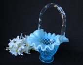 Vintage Small Fenton Opalescent Aqua Blue Hobnail Basket, Pinched Clear Glass Handle