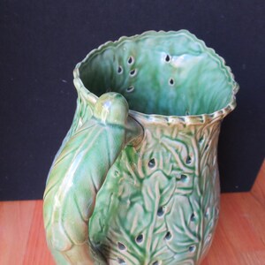 Vintage Majolica Style Glazed Green Pottery, Pottery from Portugal Unmarked, 13 Tall, Large Jug Vase Pitcher image 9