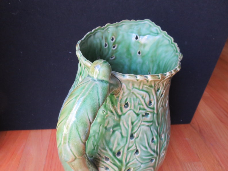 Vintage Majolica Style Glazed Green Pottery, Pottery from Portugal Unmarked, 13 Tall, Large Jug Vase Pitcher image 9