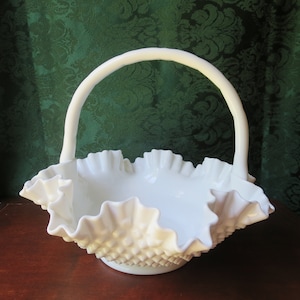 Fenton Milk Glass Hobnail Large Basket Vase, Bride&#39;s Basket, 11 1/2 Inches Wide