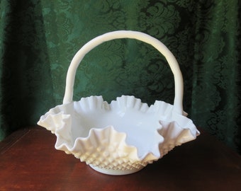 Fenton Milk Glass Hobnail Large Basket Vase, Bride's Basket, 11 1/2 Inches Wide
