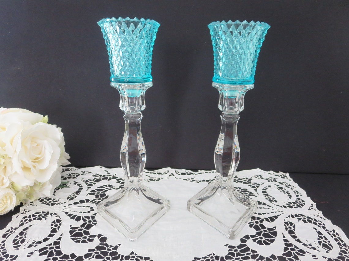 Vintage Set of Two 2 Aqua Votive Candle Holders and Two 2 Etsy